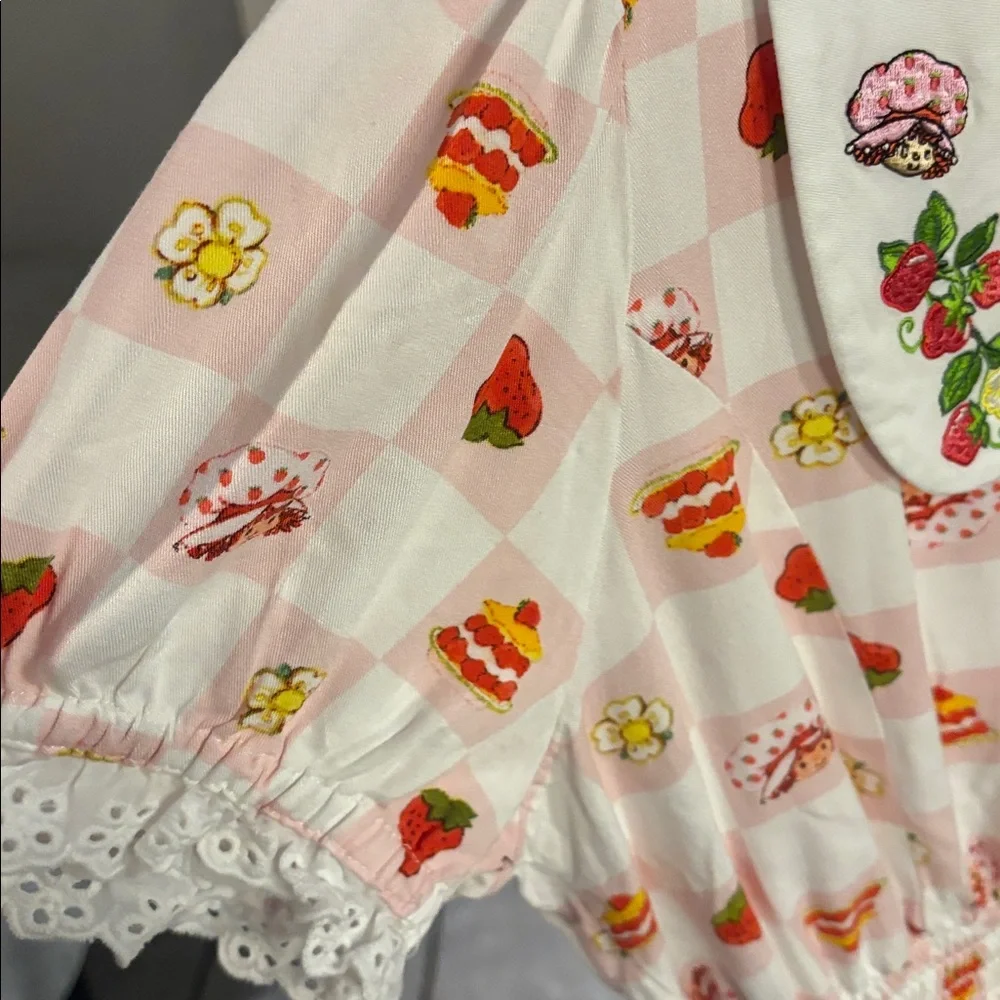 Strawberry Shortcake Pink Checkered Embroidered Collar Peplum Top - Picture 4 of 5